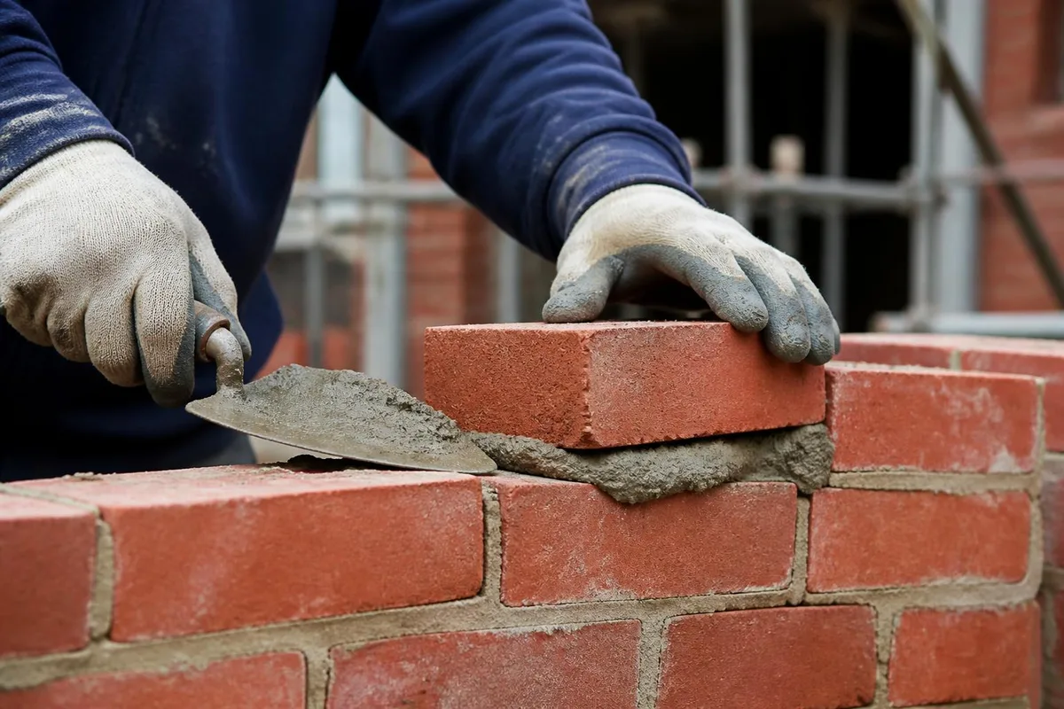 Muratore al lavoro con cazzuola e malta